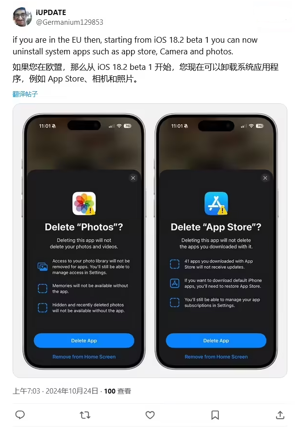 英德苹果手机维修分享iOS 18.2 支持删除 App Store 应用商店 